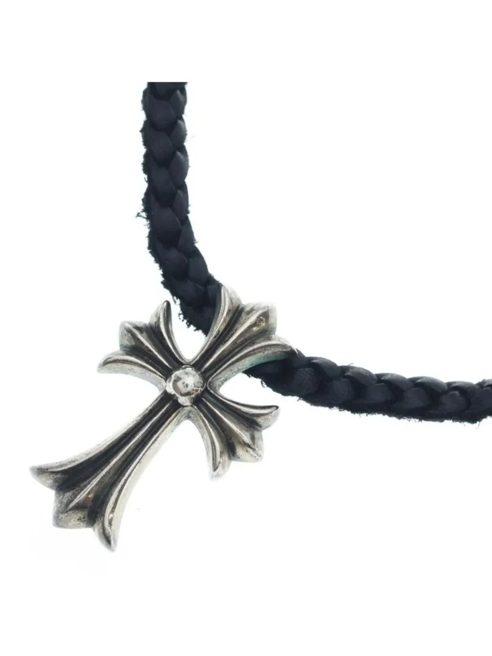 Chrome Hearts CH Crs Sml CL Small CH Cross Leather Braid Necklace Silver Black